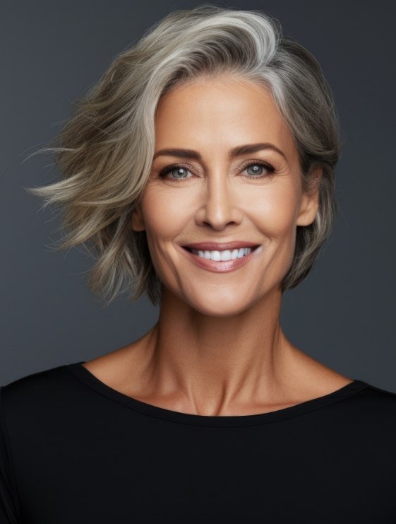 Smiling woman with short gray hair